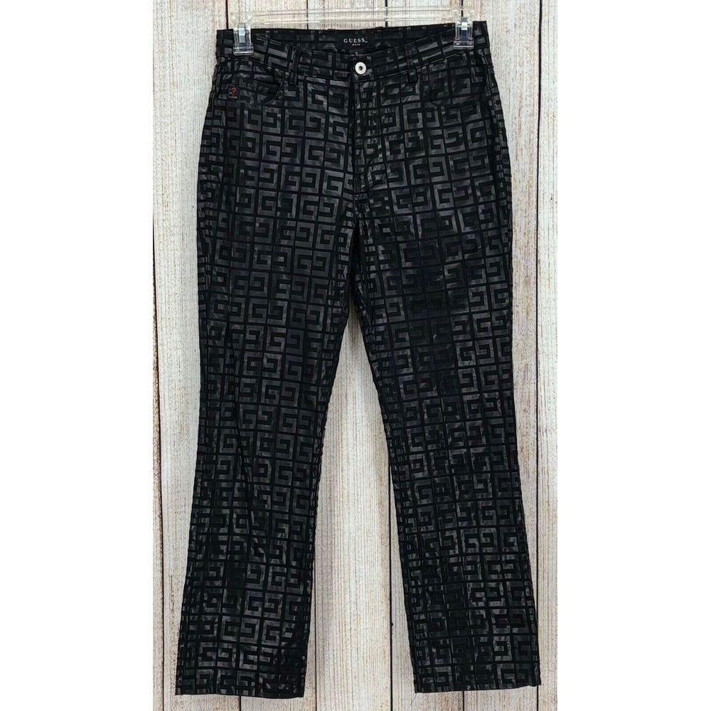 Vintage Guess Glamour Pants Size 29 Black Textured G Logo Shiny Monogram Print